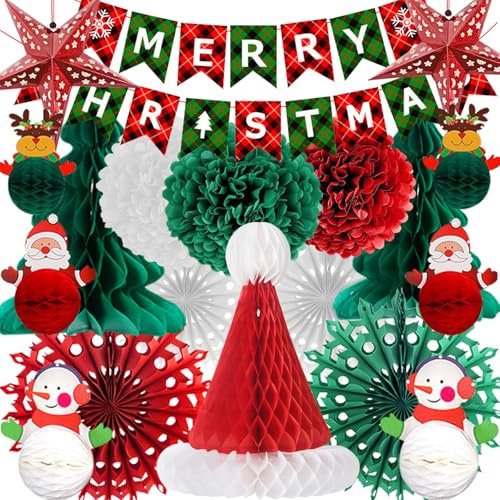 Paper Christmas Decorations Large Hanging Honeycomb Merry Christmas Banner Tree Snowflakes Stars Santa Snowman Paper Decorations Hanging Xmas Baubles Indoor Ceiling Wall Party Retro Decor