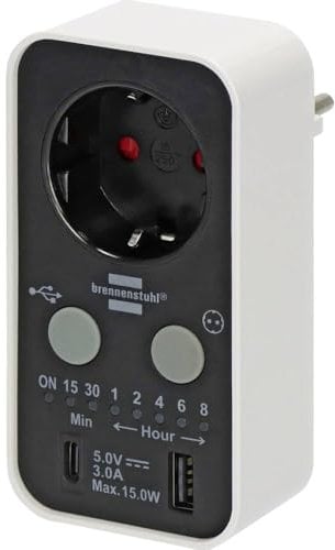 Brennenstuhl Temporizador Digital con USB A y USB C (Enchufe Temporizador para Uso en Interiores, Cuenta atrás Ajustable en 7 Pasos, con protección táctil Aumentada)
