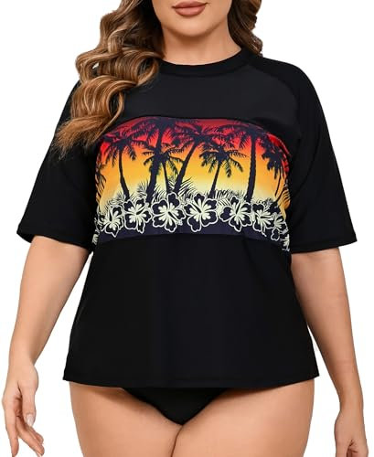 Halcurt UV Shirt Damen Übergröße Rash Guard Kurzarm UPF 50+ Sonnenschutz UV Shirt Schnell Trocknender Bademode Badeshirt 2X