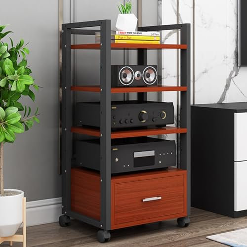 1m Tall Mobile Audio Rack Shelf, Amplifier Holder Cabinet for Recording Room/Home Cinema Media Equipment Storage, Multiple Shelf Entertainment Stand - Black White(Light Coffee,4 Tier)