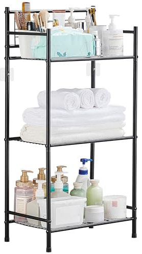 SWOYYU Estanteria de Baño 3 Baldas Organizador Cocina Estantes Metal Estantería de Almacenaje Estantería Cocina Estantería Metálica Toallero de Pie para Baño, Cocina, Oficina Negro