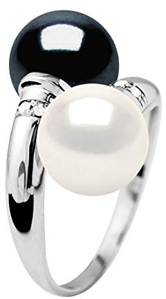 PEARLS & COLORS – Ring DU & MI – Diamant 0,040 Karat – echte runde Süßwasser-Zuchtperlen, 8 – 9 mm – Naturweiß und Tahiti-Schwarz, Qualität AAA+ – Weißgold – Schmuck für Frauen, Metall Gold Metall
