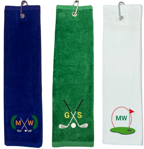 Besticktes Golfhandtuch mit Monogramm & Motiv personalisiert – 40x50 cm | 100% Baumwolle – mit Karabiner – Geschenk für Golfer – individuell bestickt
