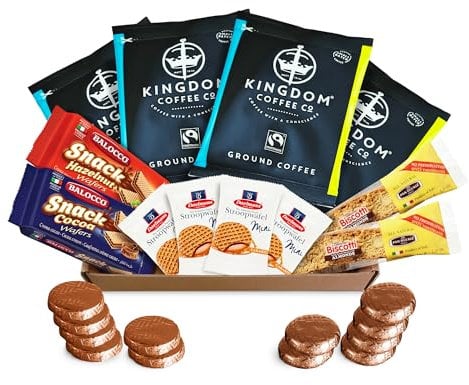 Coffee Lovers Gift Set, Exclusive Filter Ground Coffee Sachets, Biscotti Biscuits, Italian Wafers, Steven Brown Art Shortbread, Stroopwafels and Coffee Chocolates