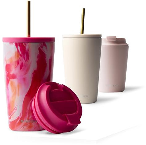 MAMEIDO Thermobecher mit Strohhalm 470ml, Trinkbecher mit Deckel und Strohhalm aus Edelstahl doppelwandig isoliert, auslaufsicher, Coffee to go Becher (Random Paintress, 0,47l)