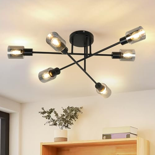 Kowanie Deckenlampe Vintage 6 flammig: Industrial Wohnzimmerlampe Decke Deckenleuchte Wohnzimmer Schwarz Kronleuchter aus Glas E14 Fassung Deckenbeleuchtung für Schlafzimmer Küche - Ohne Leuchtmittel