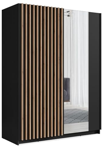 Schwebetürenschrank Castaria (2 Türen, 4 Ablageböden, 1 Kleiderstange, 1-St., moderne Optik, Griffleisten, Lamellen, ohne Soft-Close, Kunststofffüße) 2-türig, Lamellen in artisan eiche & Spiegel, Korp