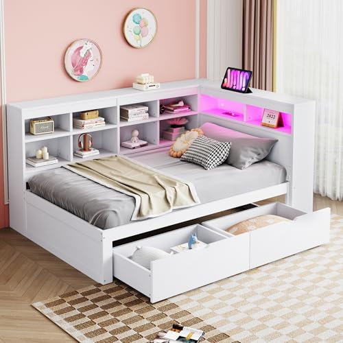 Tagesbett Schlafsofa 90x200 cm, Holz Multifunktionsbett mit USB-Steckdose, LED-Licht, 2 Schubladen, Mehreren Ablagefächern und Regalen, Einzelbett Massivholzbett mit Lattenrost, Ohne Matratze, Weiß
