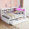 Tagesbett Schlafsofa 90x200 cm, Holz Multifunktionsbett mit USB-Steckdose, LED-Licht, 2 Schubladen, Mehreren Ablagefächern und Regalen, Einzelbett Massivholzbett mit Lattenrost, Ohne Matratze, Weiß