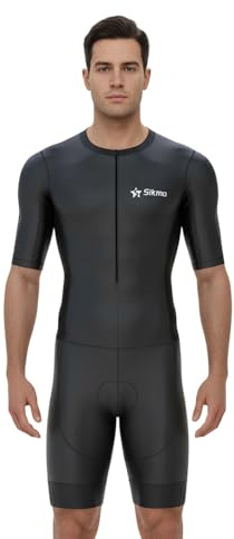 Sikma Men’s Half Sleeve Trisuit Breathable Mesh Triathlon Padded Suit with Hi Viz Reflection and Power Band Leg Grippers Trisuit (Black, Medium)