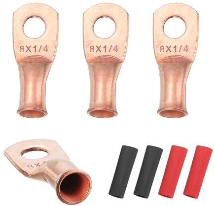 sourcing map 4pcs 8 AWG M6 Battery Lugs Ring Terminals, 1/4 6mm Stud Crimp Wire Terminal Connector End Copper, 2:1 Heat Shrink Tubing, Gold