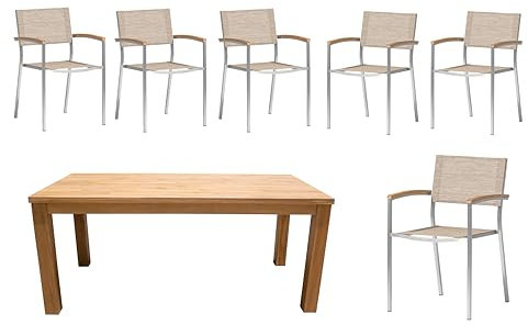 acamp Set 6X Stapelsessel & Gartentisch | Edelstahl, Acatex-Gewebe | Wetterfest, FSC®-Zertifiziert | Sand and Teak Farben| Vintage-Look | Maße: Sessel 56x57x89cm, Tisch 180x90cm