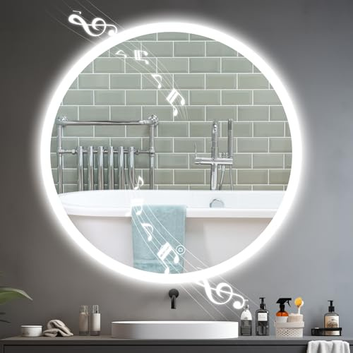 YOLEO Bluetooth Round Bathroom Mirror, Anti-Fog, Dimmable, 70x70 cm | Vanity Mirror with LED Light, Bluetooth Speaker, 3 Colors Dimmable, Explosion-Proof Glass, IP44 Waterproof, Circle Mirror