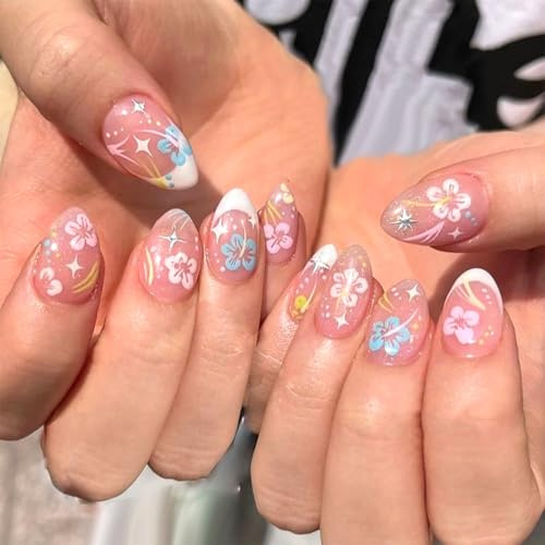 Auiremrti 24 Stück Künstliche Nägel mit Frühlings-und Sommerblumen,French Tip,Florales Aufdrücken der Nägel,Aufkleben auf Kurze Mandelnägel,Glänzend,Wiederverwendbar