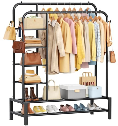 ZHKINGGS Kleiderständer für Schlafzimmer, Kleiderstange 100kg, Schwarz | Kleiderstange zum Aufhängen von Kleidung, Aufbewahrungsregalen, doppelter Kleiderständer für Wohnzimmer, Wäsche, Geschäft