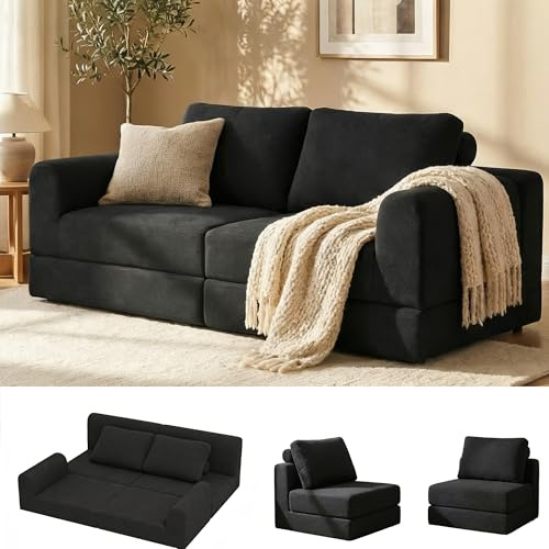 GRAVFORCE Schlafsofa Klappbar 160 cm Breit Bodensofa Bed mit Armlehnen und Kissen Compressed Sofa für Wohnzimmer Schlafzimmer (Schwarz)