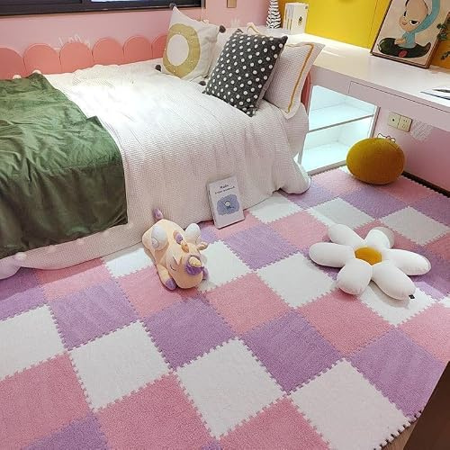 Ineinander greifende Plüsch-Teppichfliesen(White+pink+Purple,12x12x0.24in)