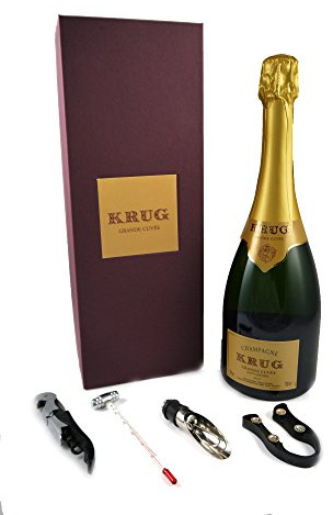 Krug Grande Cuvee Champagne NV with four accessories presented in the Krug presentation box.