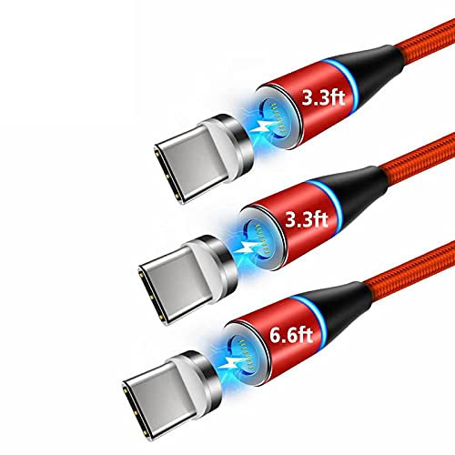 Magnetic Charging USB Type C Cable,3 Pack(1M+1M+2M) 3A Magnet USB Cable Fast Charge & Data Sync Cable with LED Light For Samsung Galaxy S10 S9 S8, Huawei P30 P20 Pro,(3 Cable 3 Adapter)