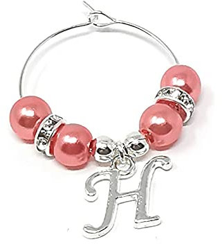 Personalised Salmon Pearl Initial Letter Wine Gin Prosecco Glass Charms Birthday Hen Wedding Christmas Party