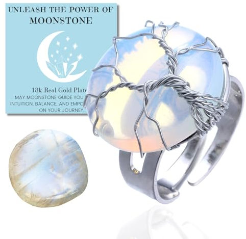 Halukakah Mondstein Ring - LUNARLIEBE - Handgefertigt Plattiert mit Platin Wickeldraht Lebensbaum, Naturstein Kristall Vollmondform, Größenverstellbar, Geschenk für Sie