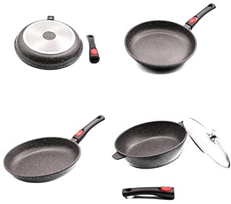 PRADEL LUXE, lot de 3 poêles 20/24/28 cm et sauteuse 28 cm, tous feux dont induction, manche amovible.