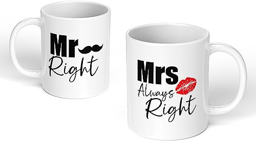 Valentine's Day Anniversary Birthday Mug Gift Present Funny Humor for Him Husband Boyfriend Her Wife Girlfriend Mr Mrs Right Lips (Plain White Mug Set)