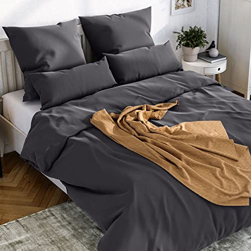 Wolkenfeld Bettwäsche 220x240 Baumwolle Grau - Weich & Atmungsaktiv - Oeko-TEX - Anthrazit Bettwäsche-Set 2teilig mit 1x Bettbezug 220 x 240 + 1x Kissenbezug 80x80