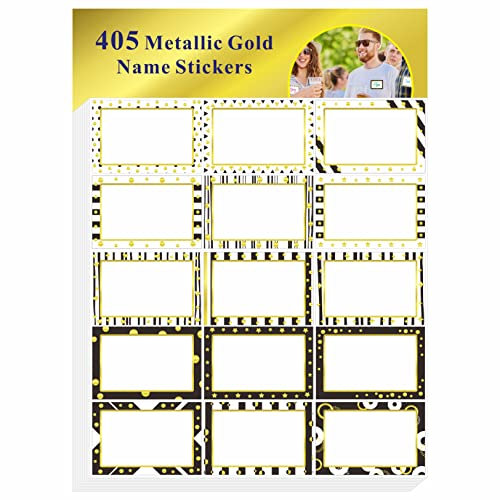 405 Stück goldmetallische Namensschilder, leere Namensschilder in 15 Designs mit permanent klebenden, beschreibbaren weißen Namensschild-Aufklebern für Schule, Büro, Zuhause (jeweils 7,5cm x 5cm)