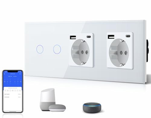 BSEED 2 Gang 1 Vía Interruptor de Luz Táctil Inteligente WIFI con Doble Schuko Tipo C y USB Enchufe Estándar, Compatible con Alexa/Tuya/Smart Life (Requiere Cable Neutro) Blanco