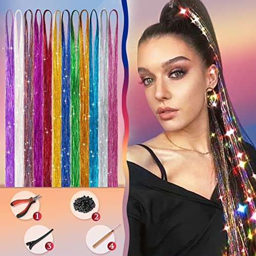 Sofeiyan Hair Tinsel Strands Kit mit Werkzeugen 12 Farben 2400 Stränge Tinsel Haarverlängerung Halloween Weihnachten Haarschmuck für Frauen