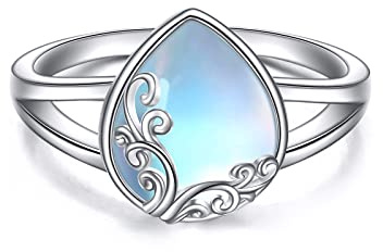 POPLYKE Regenbogen Mondstein Filigranband Ring Sterling Silber Edelstein Mond Steine Schmuck Geschenk für Frauen 7 Größe