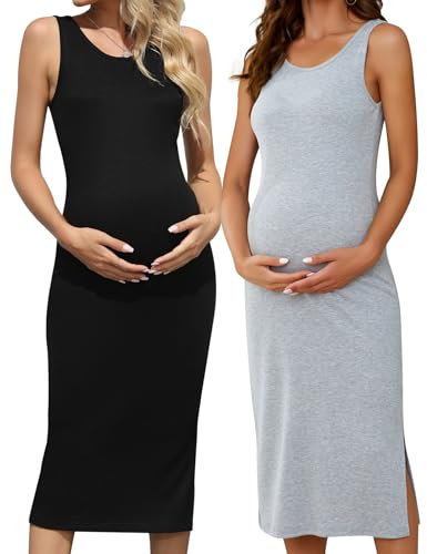 Brynmama Lot de 2 Débardeurs de Maternité pour Femmes Enceintes Robe d'Été sans Manches Fendue sur Le Côté Confortable et Élégante Noir, Gris, S