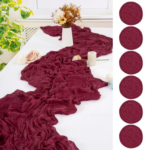 6 Stück Käsetuch Tischläufer 90 x 300cm Burgund Gaze Käse Tuch Tischläufer,Rustikaler Boho Cheesecloth Tischläufer,Waschbar Tüll Stoff Tischläufer für Hochzeit Brautparty Bankett Dekoration