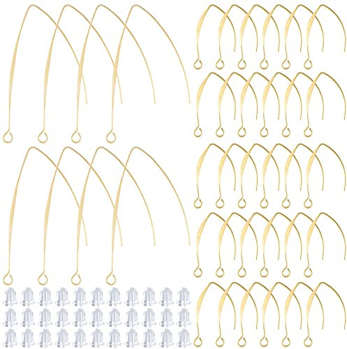 HINZIC 80pcs 18K Gold Earring Hooks for Jewelry Making 37mm 19mm V-Shaped Earring Wires Hoops Hypoallergenic 100pcs Clear Ear Backs for Girls Women Wedding Prom