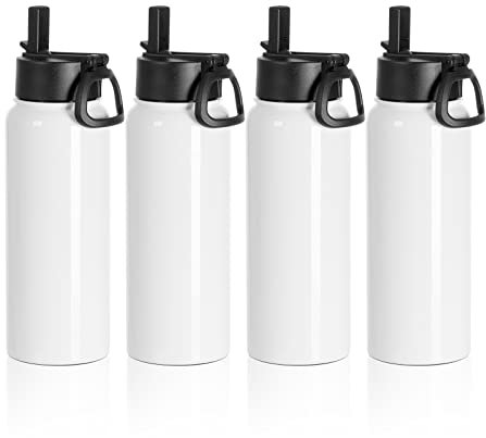 PYD Life 4 Pack Sublimation Water Bottle Blanks Sports Tumbler Cups White 30 OZ Wide Mouth Stainless Steel Vacuum Flask with Straw and Portable Handle for Cricut Mug Press Tumbler Press Print