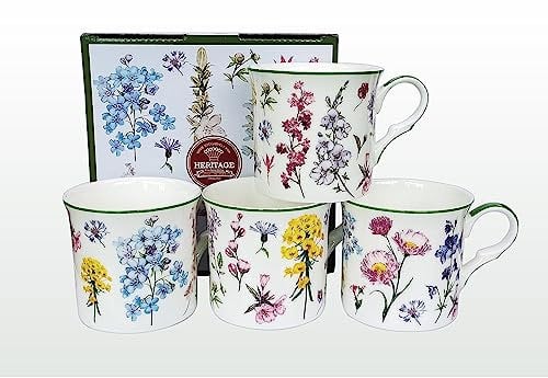heritage FINE Bone China Set of 4 Mugs Gift Boxed Meadowtime Mugs Free UK DELIVERY
