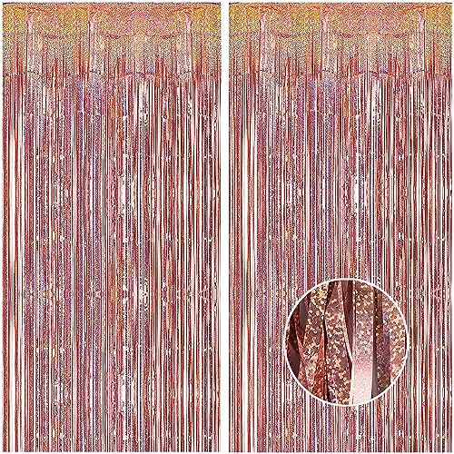 XMASOLDECOR 2 Stück Lametta Vorhang Roségold Glitzer, 1m x 2.5m Folien Fransen Vorhänge Party Luftschlangen für Hochzeit Geburtstag Birthday Party Deko