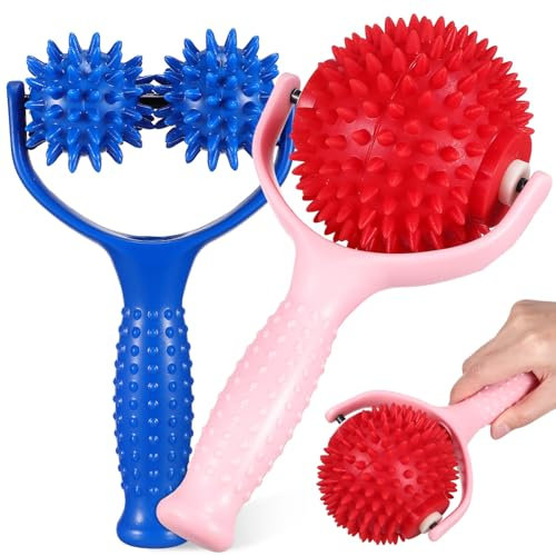 Healvian 2 Stück Massageroller mit Griff Faszienball Für Füße Igelball Fußmassage Massageroller Rücken Bein Massagegerät Muskel Massageball Massage Rolle Noppen Muskelschmerzen