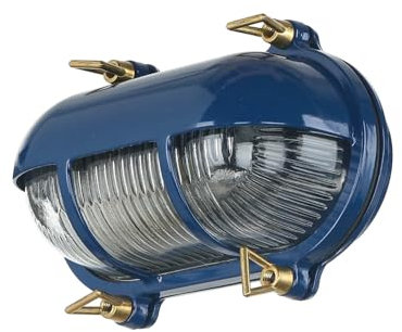 Licht-Erlebnisse Außenwandleuchte Messing Glas in Blau IP64 Balkon Garten B:21 cm E27 Maritim Schiffsleuchte Riffel Wandlampe Terrasse SKIATHOS