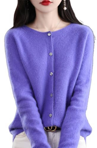 TeysHa Maglione Cardigan in Cashmere da Donna, Maglione Cardigan a Maniche Lunghe Abbottonato Girocollo in Lana (Medium,Blue-Violet)