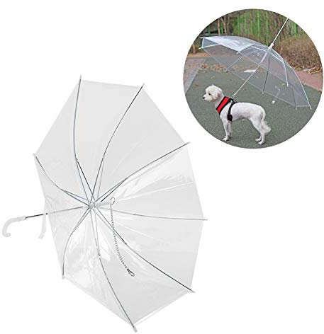 Qcwwy Transparenter Regenschirm für Haustiere, Katzen und Hunde, Transparenter, Faltbarer, Verstellbarer Welpenschirm mit Edelstahl-Zugkabelkette und Griff für Regenspaziergänge, 66 X