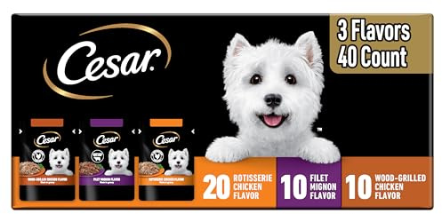 Cesar Filets in Gravy Wet Dog Food Rotisserie Chicken Flavor, Filet Mignon Flavor, and Wood-Grilled Chicken Variety Pack, Wet Food for Dogs, 1.76 oz. Mini-Pouches, 40 Count