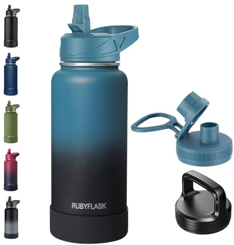 RUBYFLASK 32oz Insulated Water Bottle with Straw, Stainless Steel Metal Vacuum Water Flask, Large Thermal Water bottle with Leakproof 3 Lids for Travel, Camping, Gym Sports Indigo Black