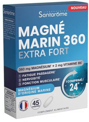 Santarome Bio - Magnésium Marin Extra Fort - 360 mg par prise + 2 mg de Vitamine B6 - Fatigue & Nervosité - 45 comprimés - France