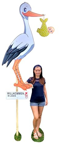 XXL SET 188 cm- Babystorch aus HOLZ für NEUTRAL Geburt (Druck: ZWEISEITIG*) | Inklusive Beschriftungstafel & Baby in GELB, Klapperstorch zur Geburt, Holzstorch für draußen, Storch-Holz