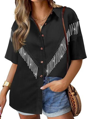 WIEIYM Damen Pailletten Jacke Rhinestones Fransen Knöpfen Glitzer Jeansjacke Konzert Outfits Kurzarm Quasten Tshirt College Party Jacken Rave Oberteile,Schwarz,L