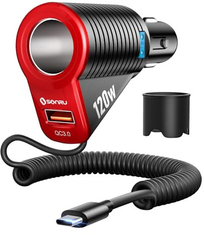 SONRU Cigarette Lighter Splitter, 120W [PD 30W & QC 18W] USB C Car Charger Adapter with 6ft Type C Coiled Cable Fast Charging for iPhone 16 15 Pro Max 14 13 12 Samsung Laptop Car Devices