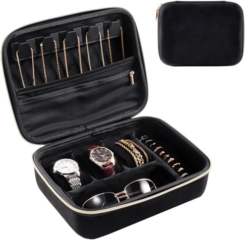 ProCase Herren Reise Schmuckkästchen, 3 Slots Uhrenzubehör Reise Aufbewahrungsbox Schmuckaufbewahrungsbox für Herren, Brille Halsketten Ringe Armbänder Organizer Tasche für Männer -Schwarz