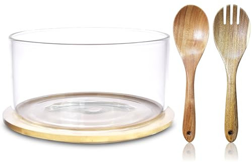 Large Glass Salad Bowl | 9 | 135oz-Centerpiece Serving Bowl with Dual Function Bamboo Lid- Extra Large Mixing Bowl with Wooden Spoon for Salads, Dessert, Fruit, Punch, Microwave & Dishwasher Safe